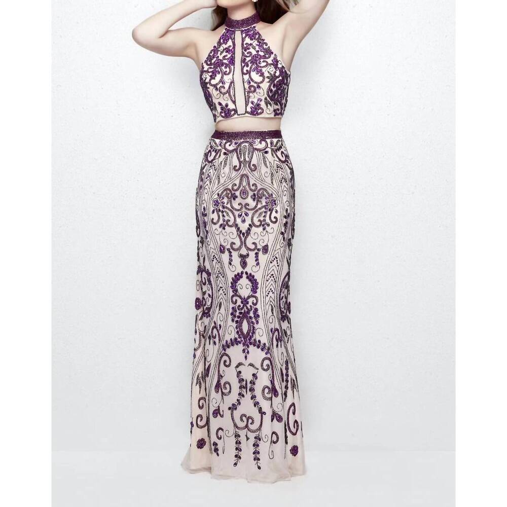 NEW PRIMAVERA beaded two-piece evening dress in nude plum